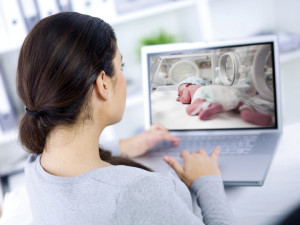 Back view of woman on her laptop in the office